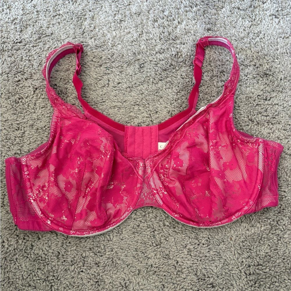 Cacique Bold Pink Floral Lace Lined Underwire Bra in Diva Pink Size 44D